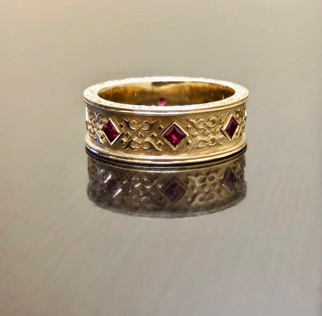 18K Yellow Gold Hand Engraved Eternity Princess Cut Ruby Men's Wedding Ring For Sale 1