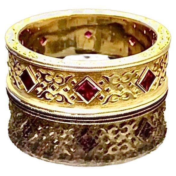 18K Yellow Gold Hand Engraved Eternity Princess Cut Ruby Men's Wedding Ring