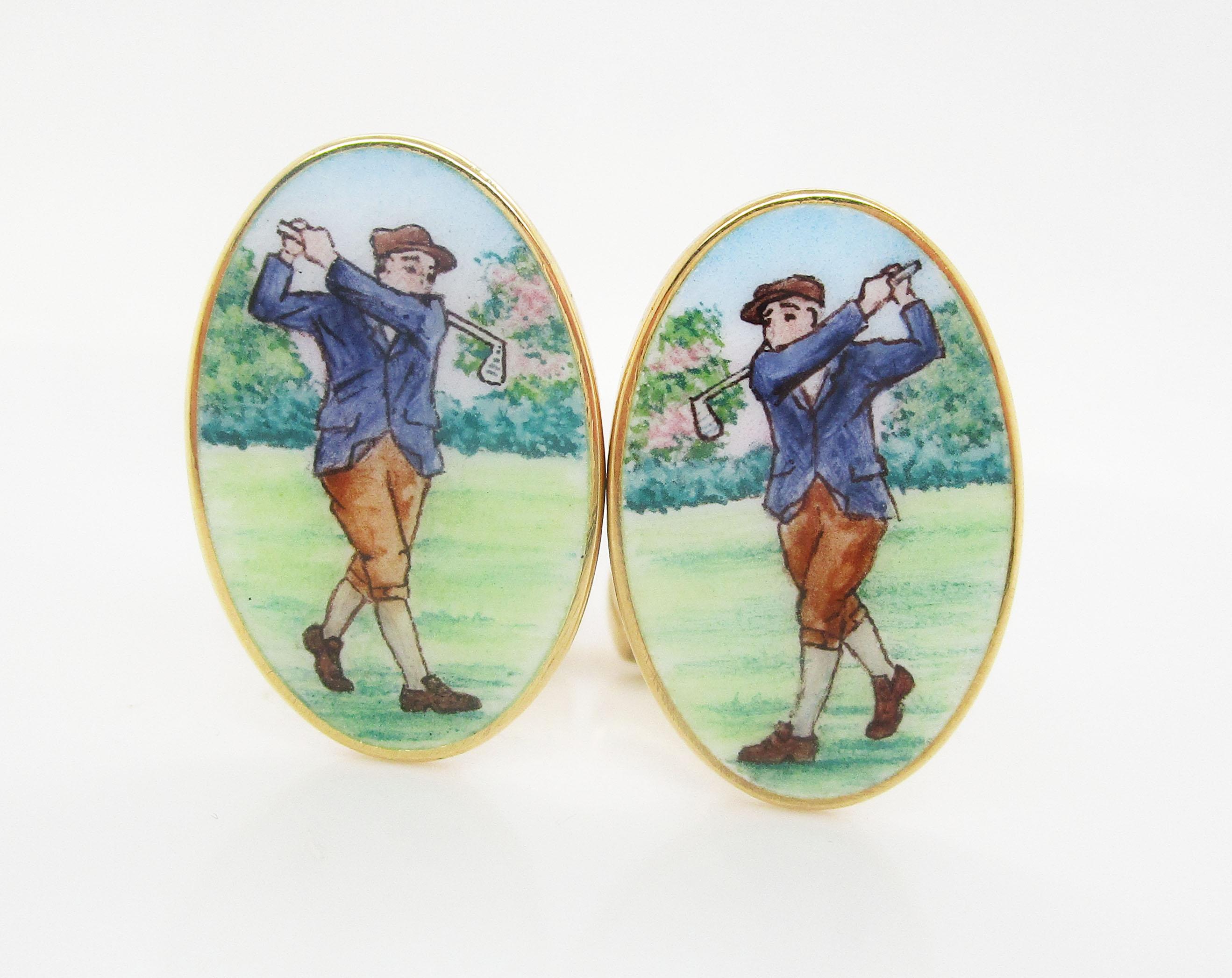 These are an incredible pair of 18k yellow gold hand painted cufflinks. The heavy swivel bar backs have space to be monogrammed and personalized. These links are perfect for the golfer who plays with linx! The hand painting is in fantastic condition