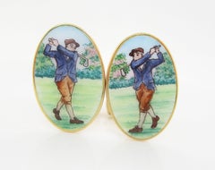 18 Karat Yellow Gold Hand Painted Bobby Jones Golfer Cufflinks