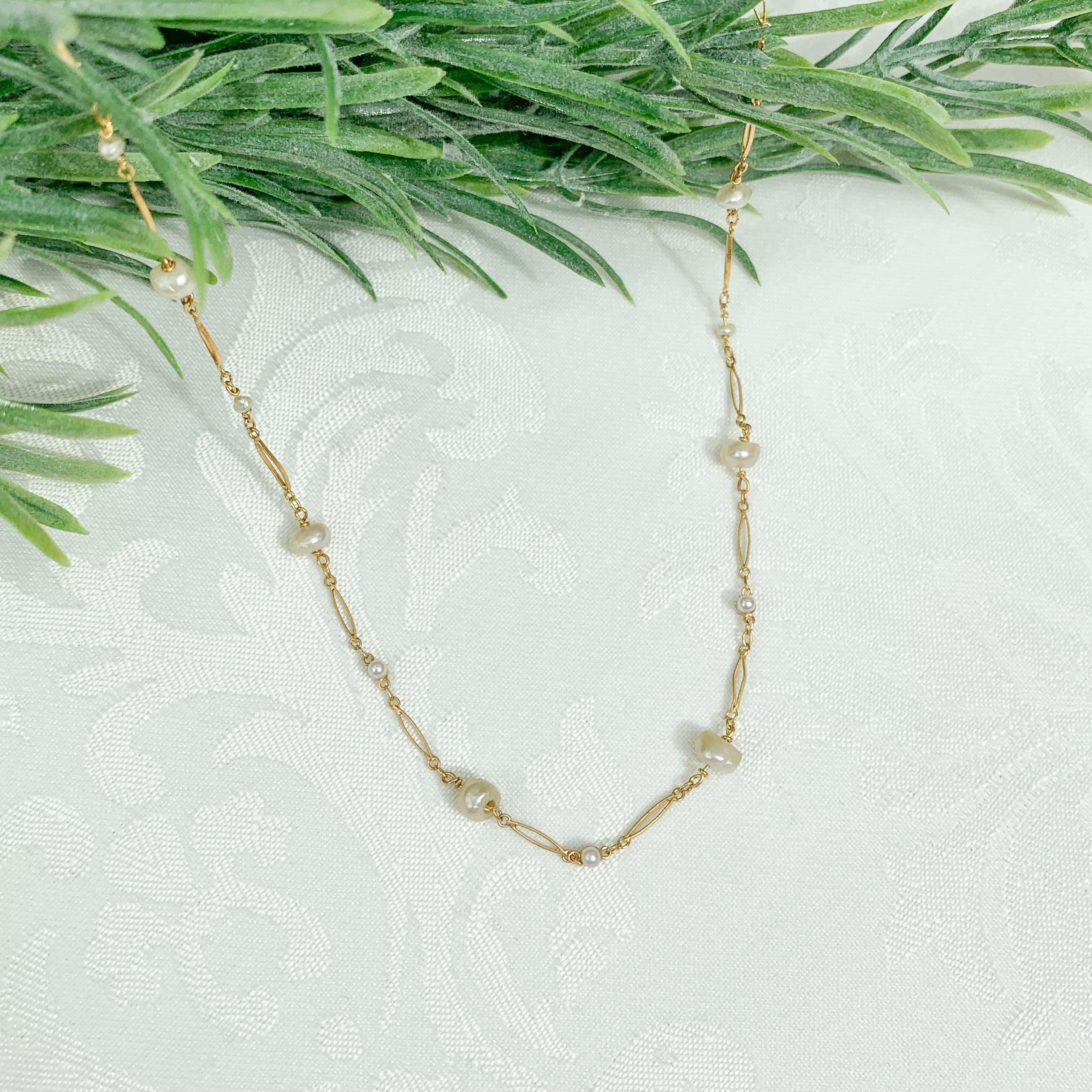 Women's 18K Yellow Gold Hand Wrought Antique Chain Necklace with Freshwater River Pearls For Sale