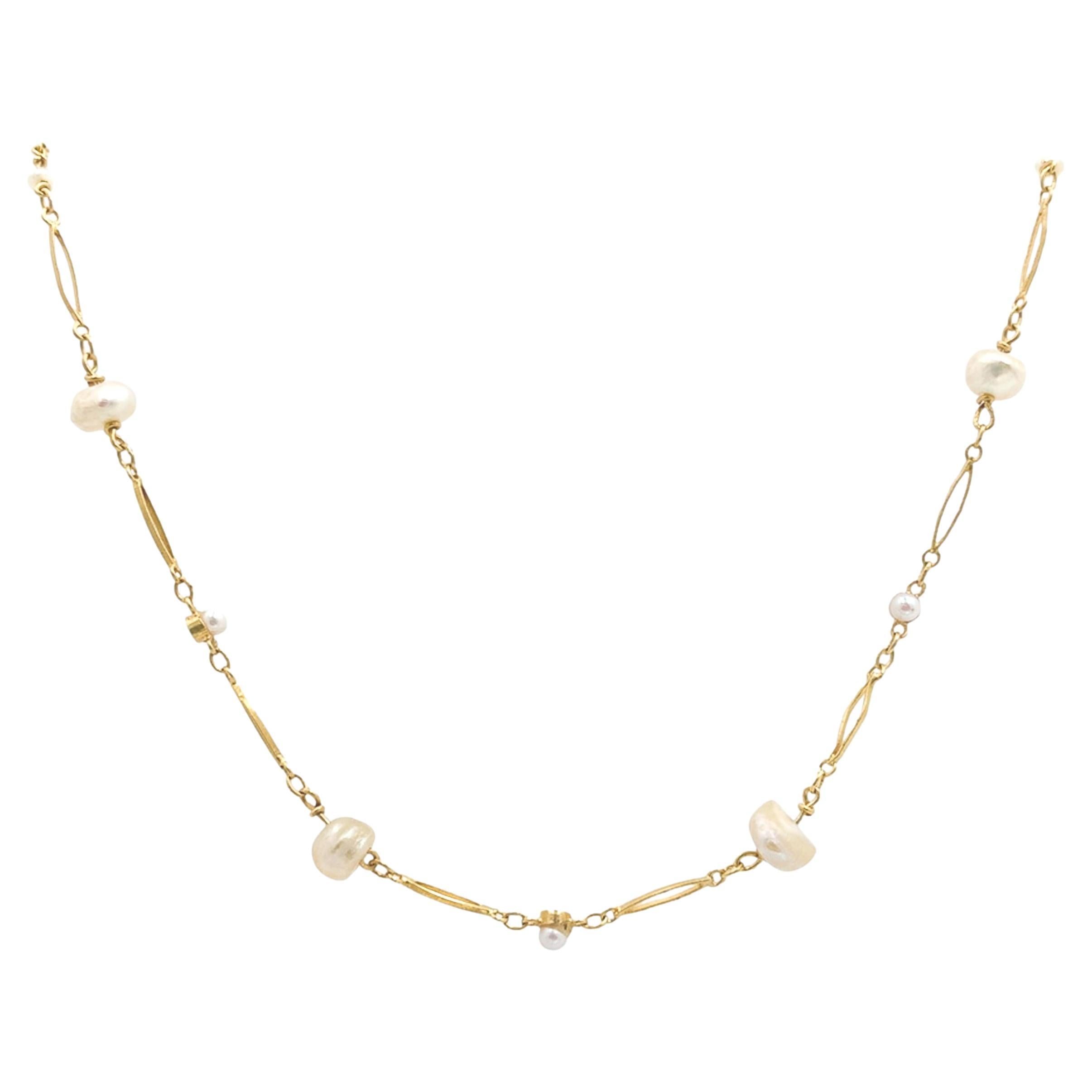 18K Yellow Gold Hand Wrought Antique Chain Necklace with Freshwater River Pearls For Sale