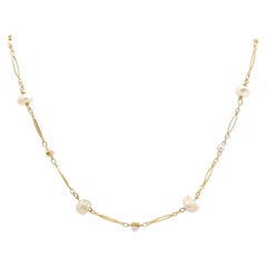 18K Yellow Gold Hand Wrought Antique Chain Necklace with Freshwater River Pearls