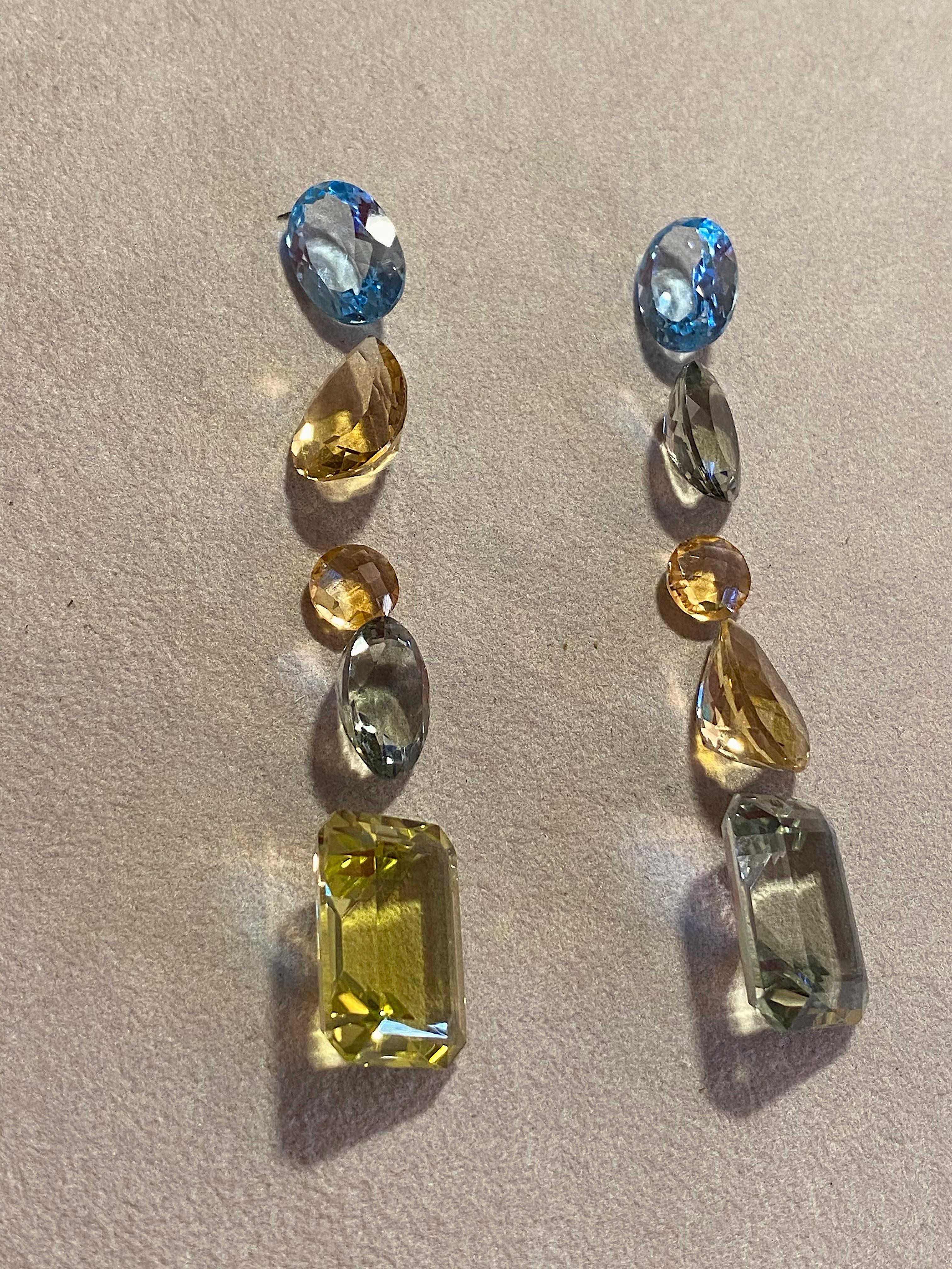 18k Yellow Gold Handcrafted Citrine Amethyst Topaz Dangle Modern Earrings For Sale 7