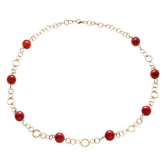 18K Yellow Gold Handmade 36" Long Link Necklace with Eight Large Red Carnelians