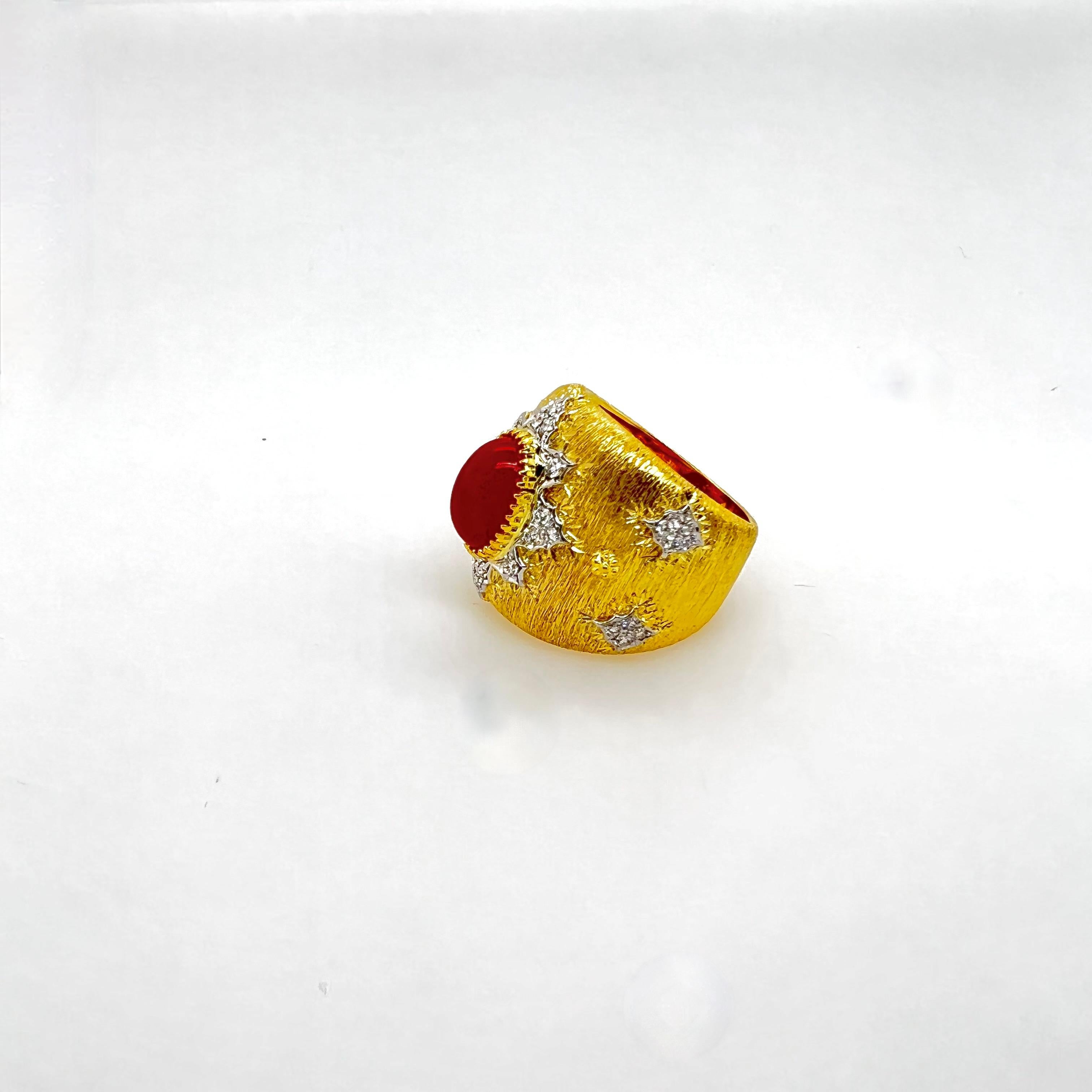 For Sale:  18k Yellow Gold Handmade Coral Ring with Diamonds 2