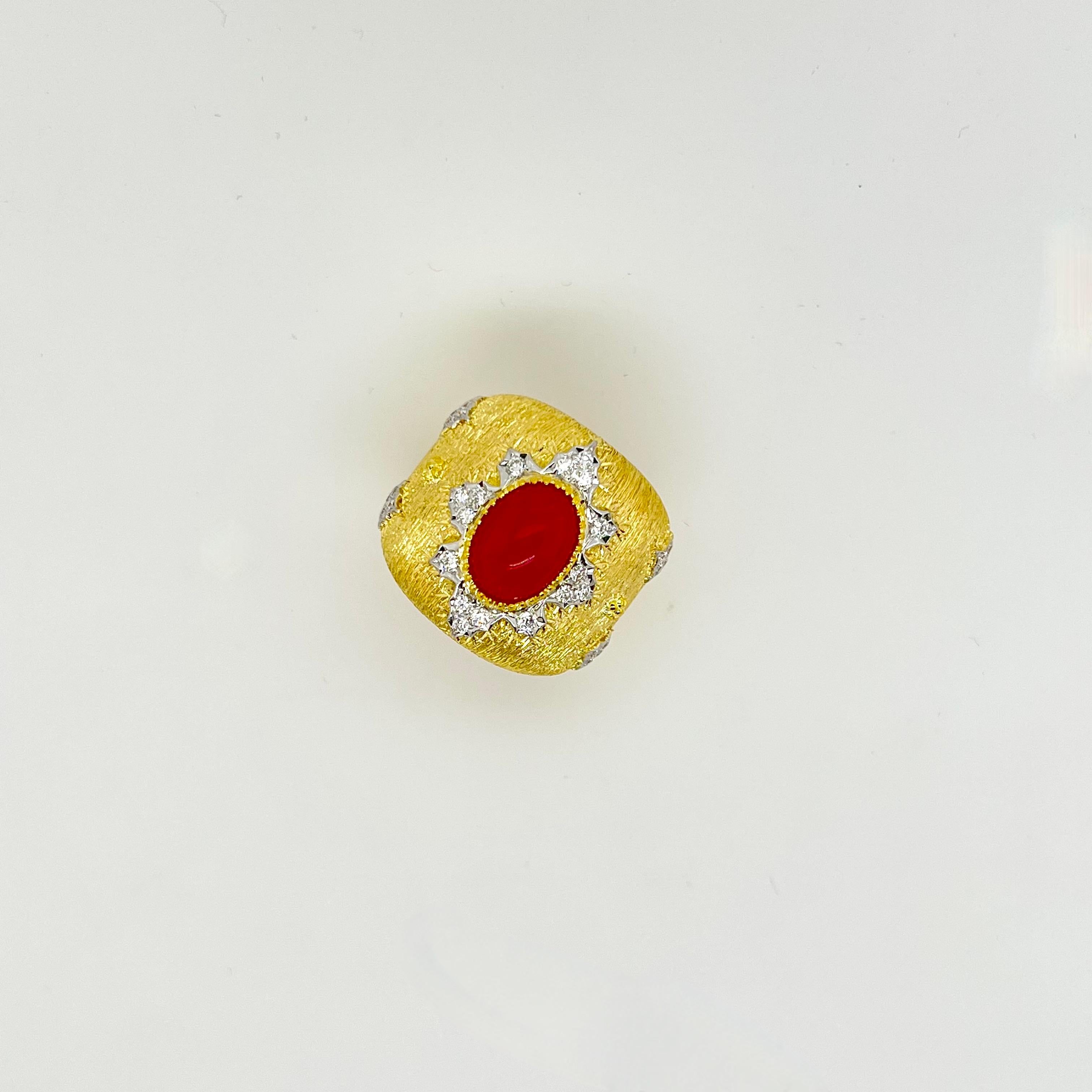 For Sale:  18k Yellow Gold Handmade Coral Ring with Diamonds 3