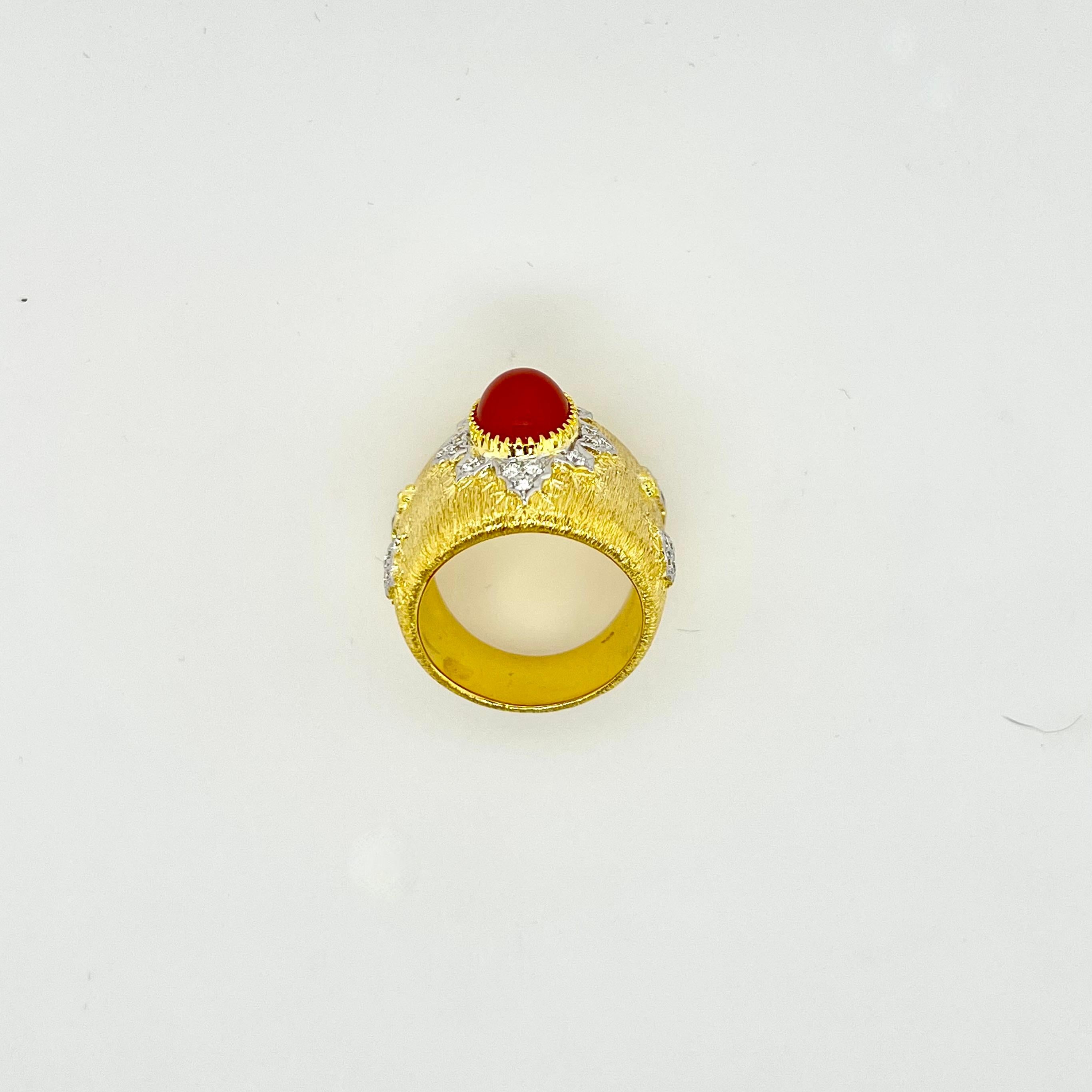 For Sale:  18k Yellow Gold Handmade Coral Ring with Diamonds 4