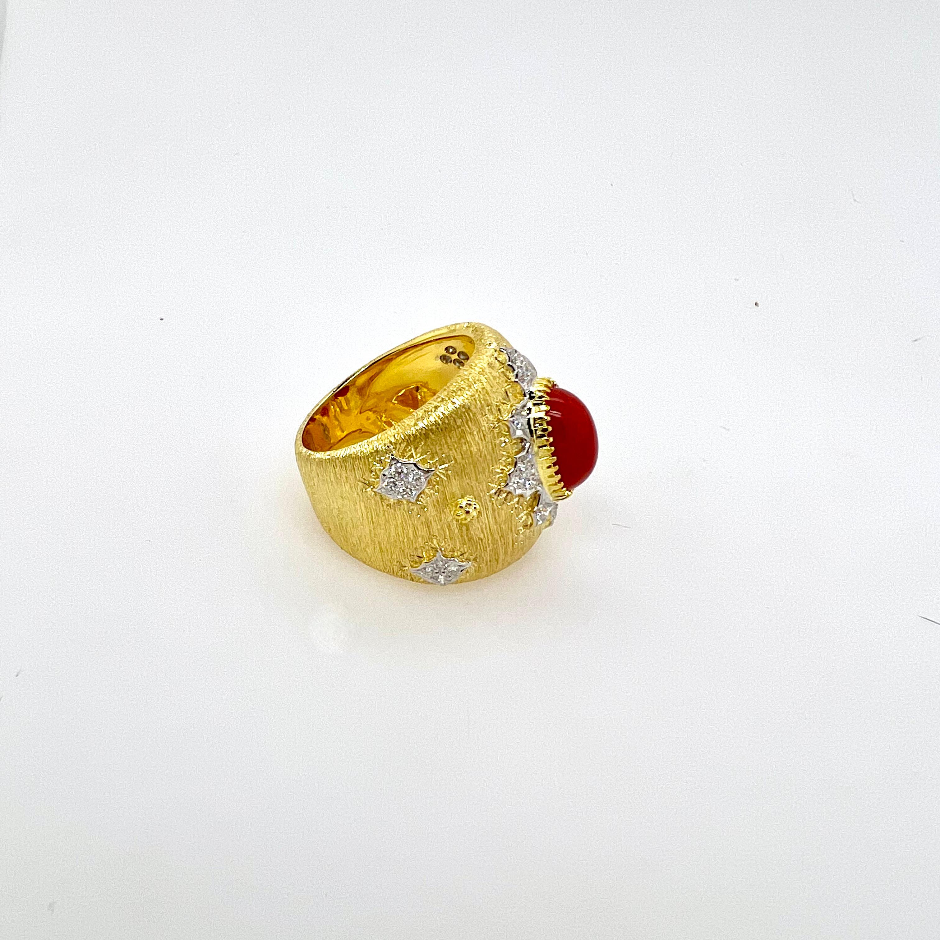 For Sale:  18k Yellow Gold Handmade Coral Ring with Diamonds 5