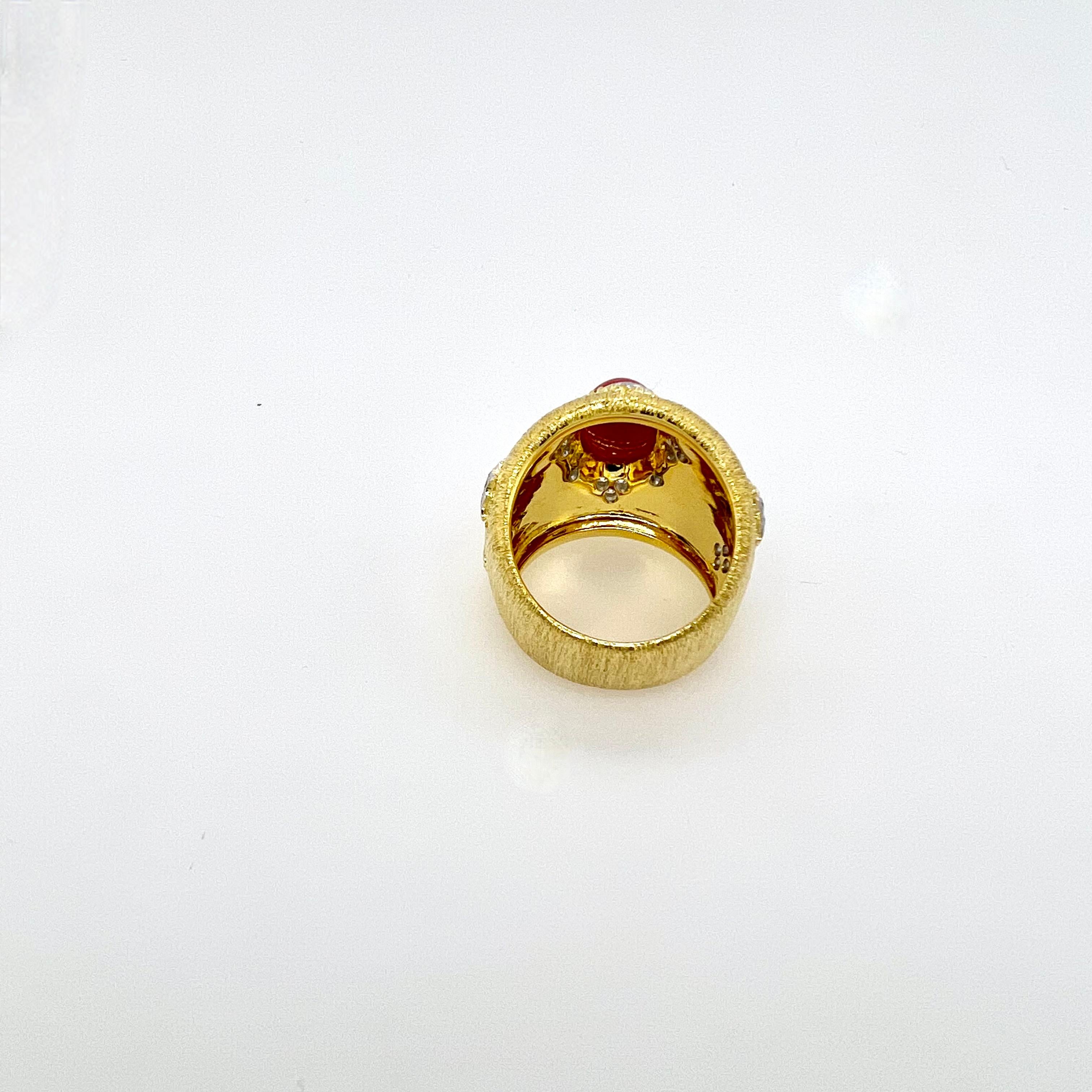 For Sale:  18k Yellow Gold Handmade Coral Ring with Diamonds 6