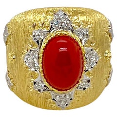 18k Yellow Gold Handmade Coral Ring with Diamonds