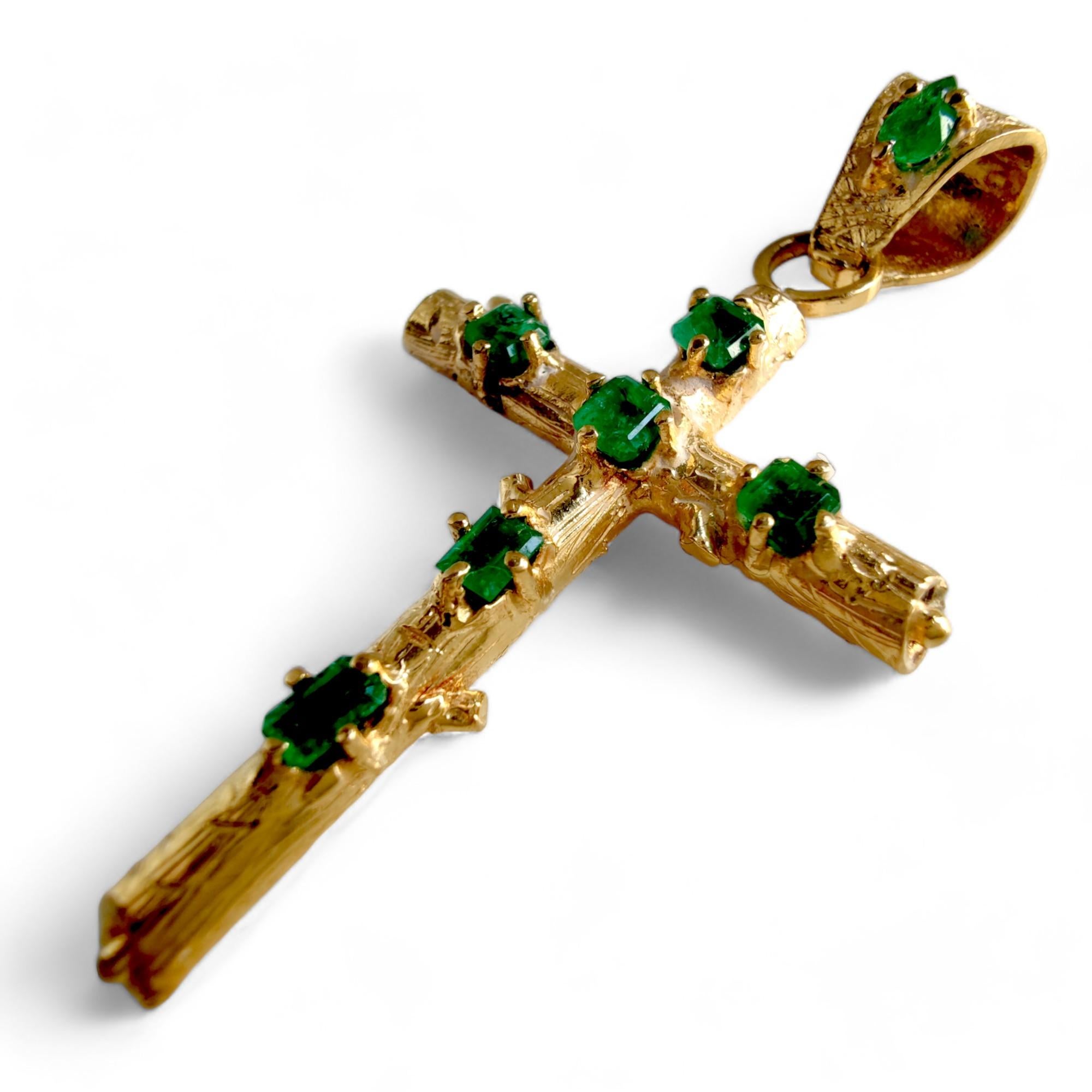 Emerald Cut 18K Yellow Gold Handmade Cross Pendant with  2.04 ct Emeralds - Unique Jewel For Sale