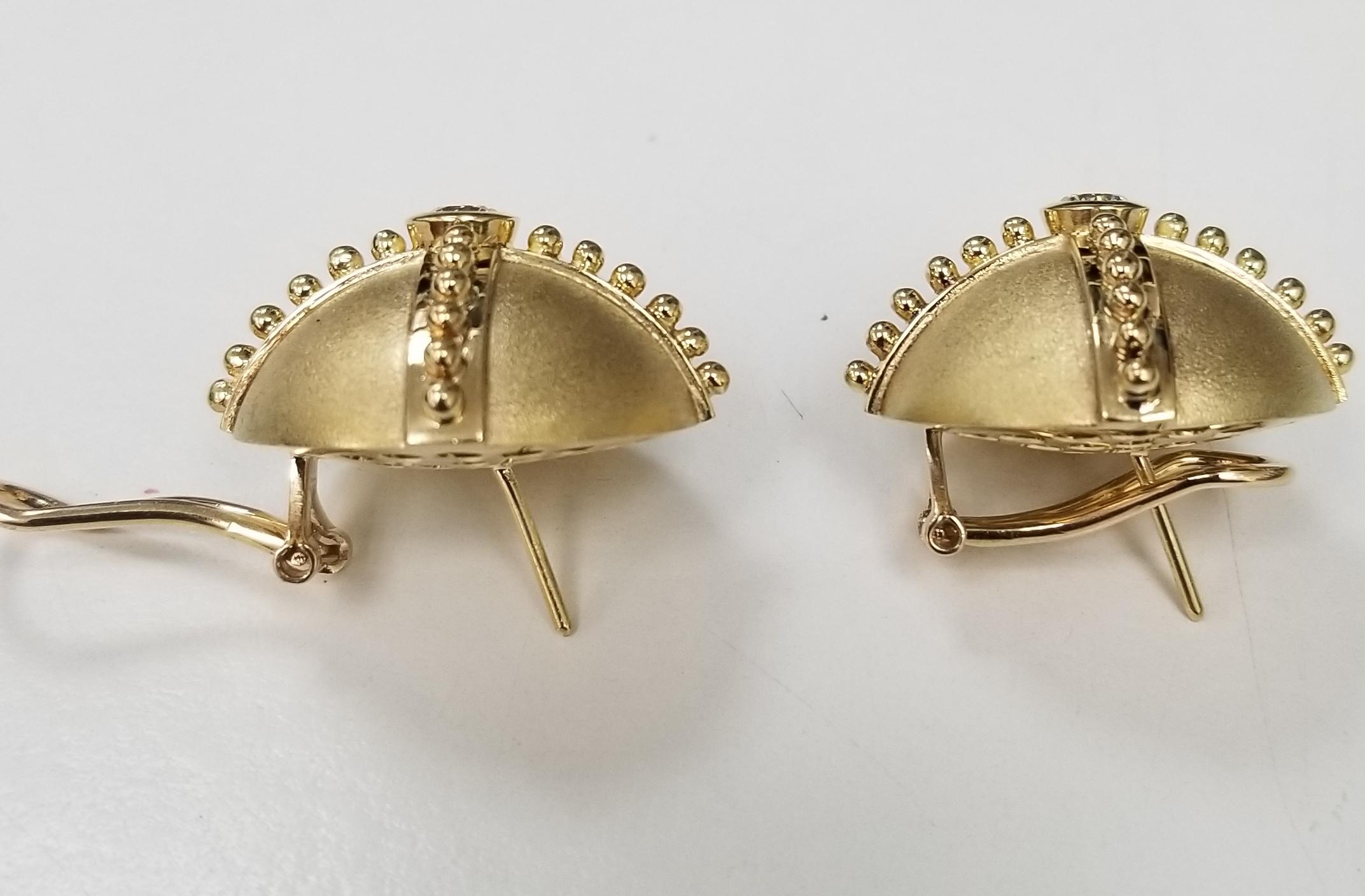 18K yellow gold Handmade diamond domed earrings, containing 2 brilliant cut diamonds; color 