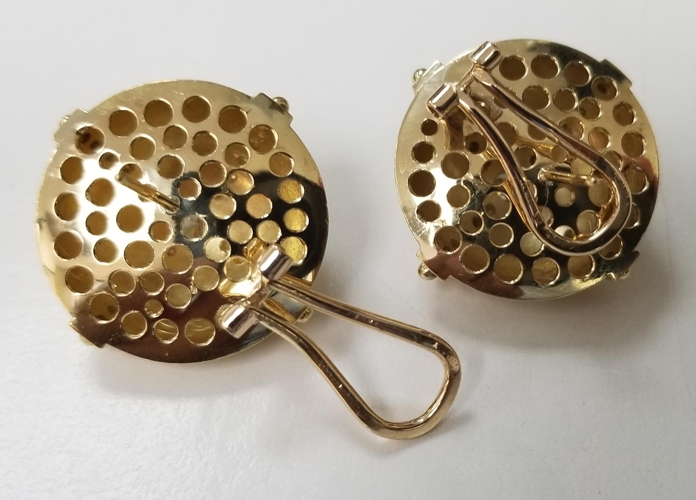 Round Cut 18 Karat Yellow Gold Handmade Diamond Domed Earrings