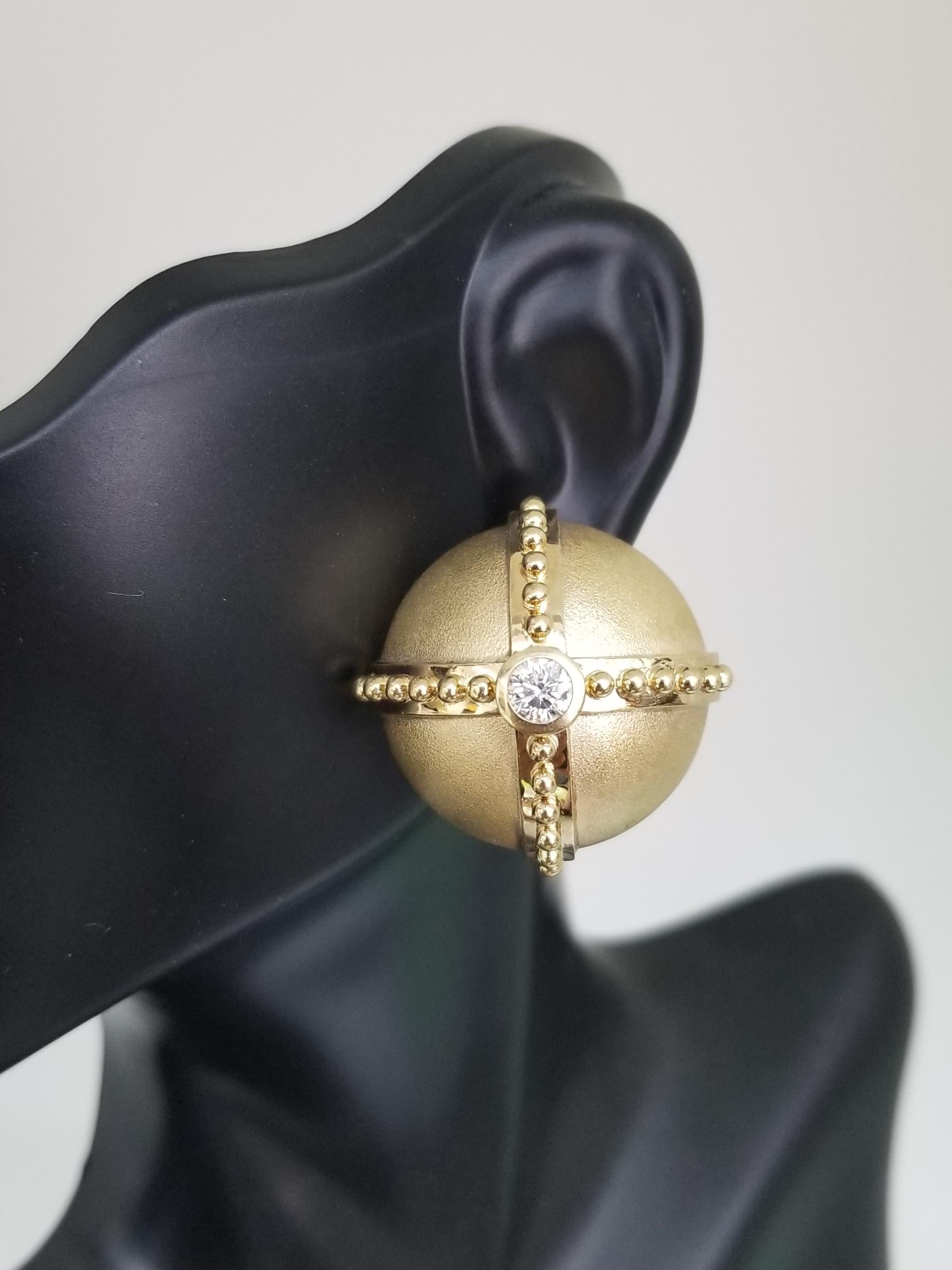 Women's or Men's 18 Karat Yellow Gold Handmade Diamond Domed Earrings