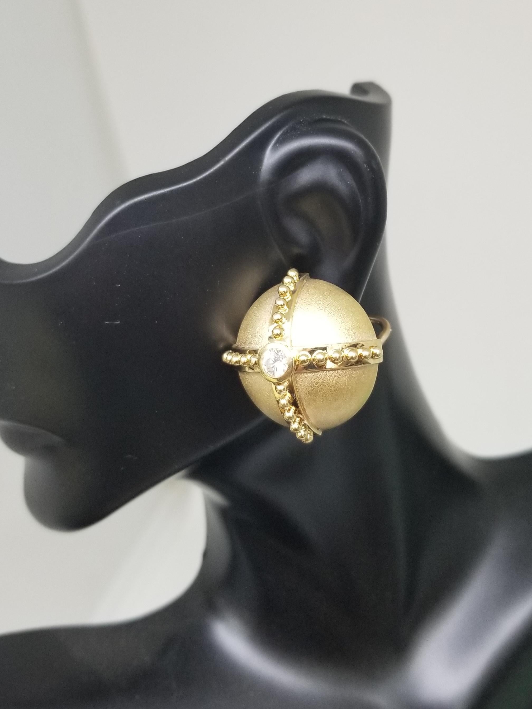 18 Karat Yellow Gold Handmade Diamond Domed Earrings 1