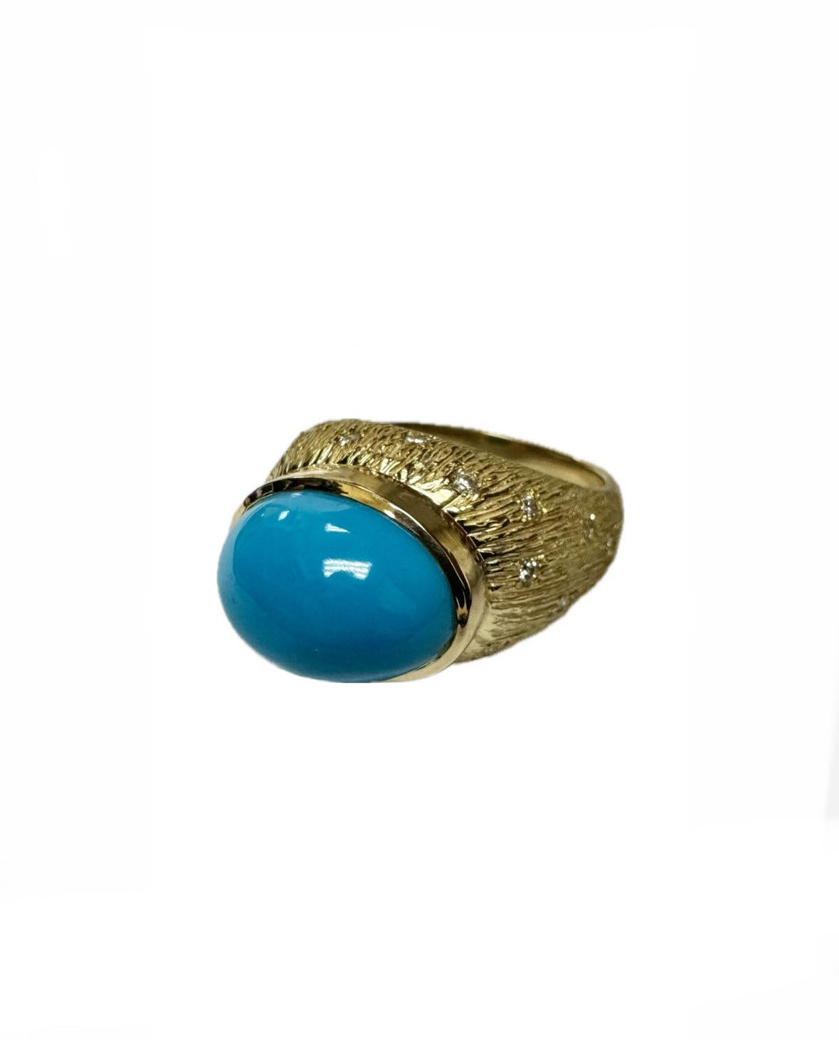 Dekara Designs Collection

Metal- 18K Yellow Gold, .750.  16.70 Grams.

This piece is handmade to perfection, from the stone setting to the shine finish. High end Diamond and Sleeping Beauty Turquoise Ring.

Stones- 1 Oval Genuine Turquoise 7.31