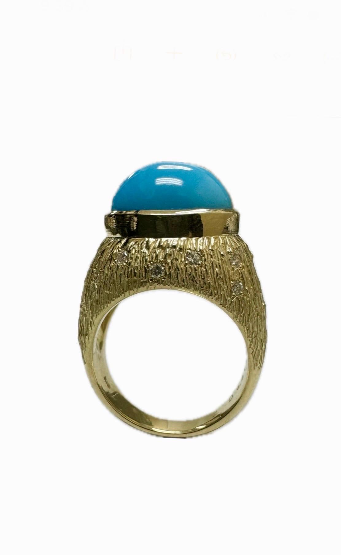 Modern 18K Yellow Gold Handmade Diamond Sleeping Beauty Turquoise Ring For Sale