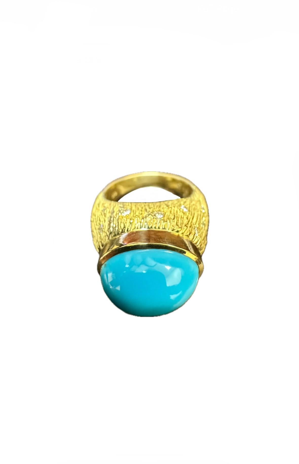 Women's 18K Yellow Gold Handmade Diamond Sleeping Beauty Turquoise Ring For Sale