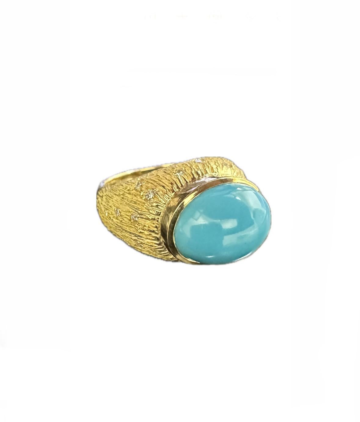 18K Yellow Gold Handmade Diamond Sleeping Beauty Turquoise Ring For Sale 1
