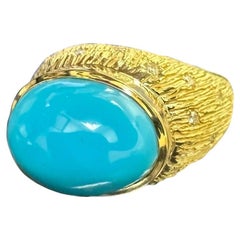 Anillo de oro amarillo de 18 quilates hecho a mano con diamantes y turquesa de la Bella Durmiente