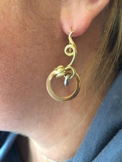 18K Yellow Gold Modern Hoop Lever Back Dangle Surrealist Earrings