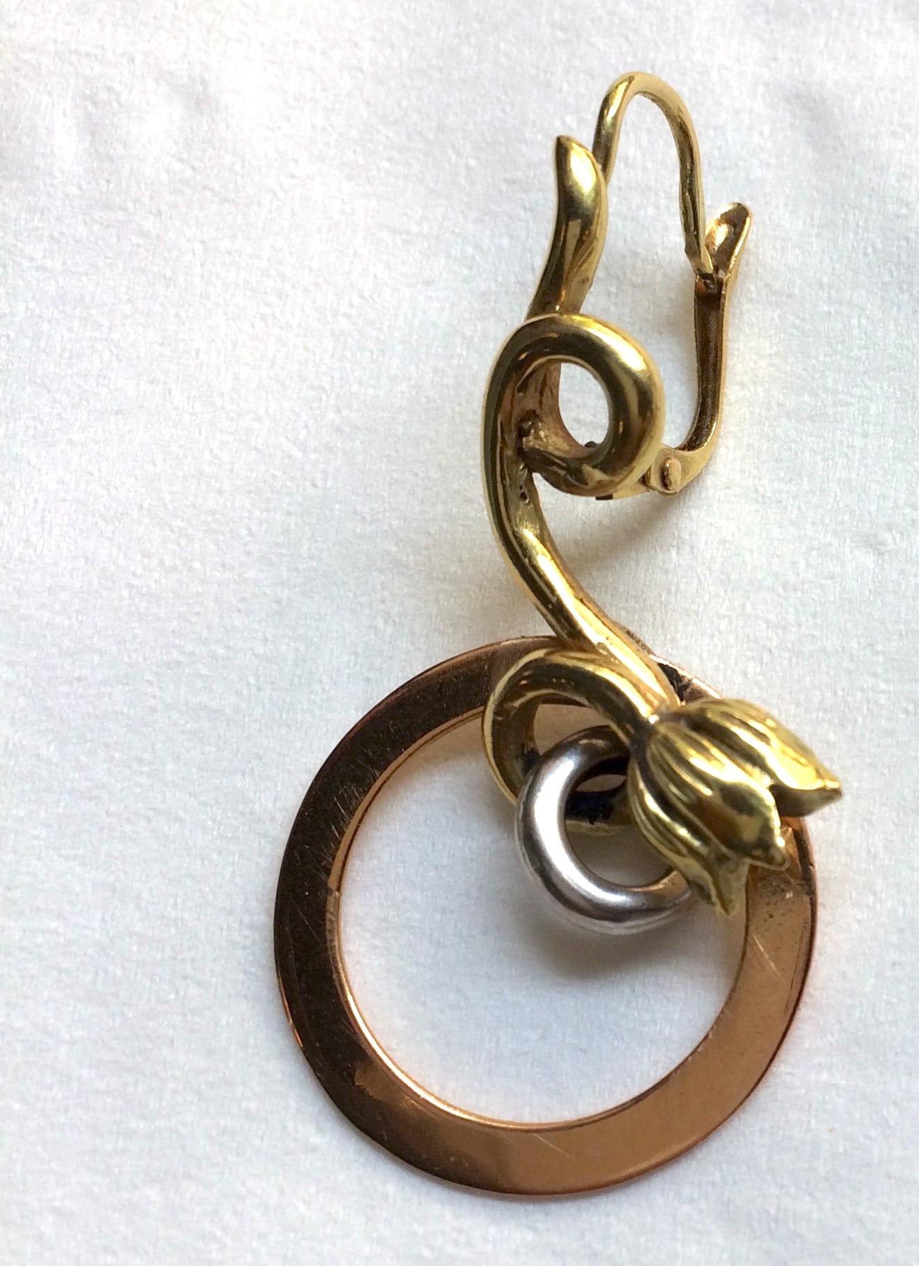 Women's 18K Yellow Gold Modern Hoop Lever Back Dangle Surrealist Earrings For Sale