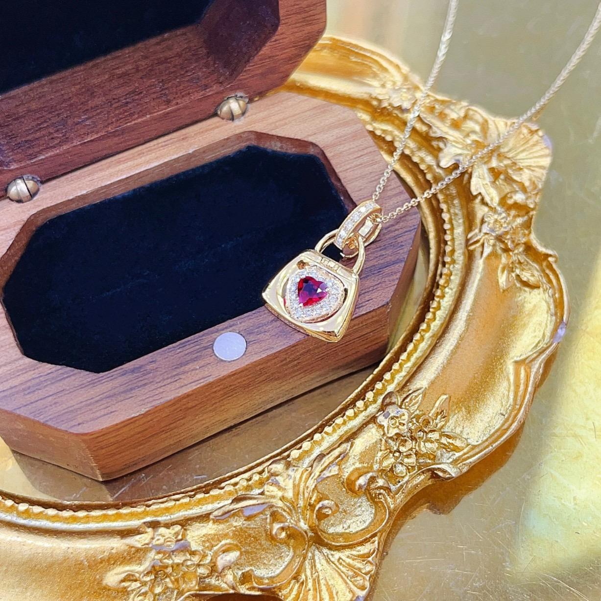 Heart Cut 18K Yellow Gold Hear-Cut Ruby & Diamond Bag Pendant Necklace For Sale
