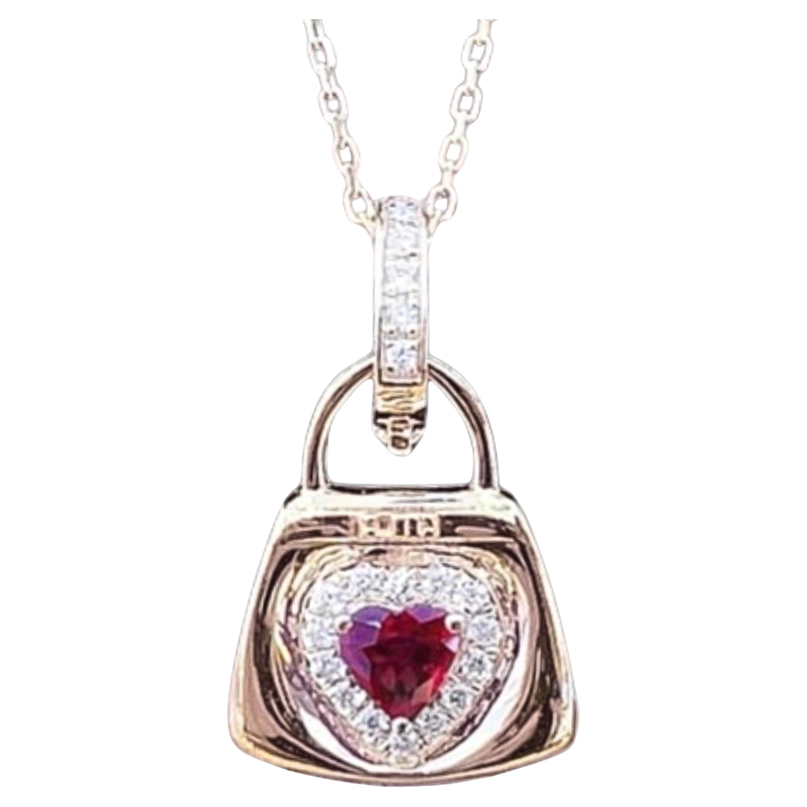 18K Yellow Gold Hear-Cut Ruby & Diamond Bag Pendant Necklace