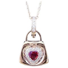 18K Yellow Gold Hear-Cut Ruby & Diamond Bag Pendant Necklace