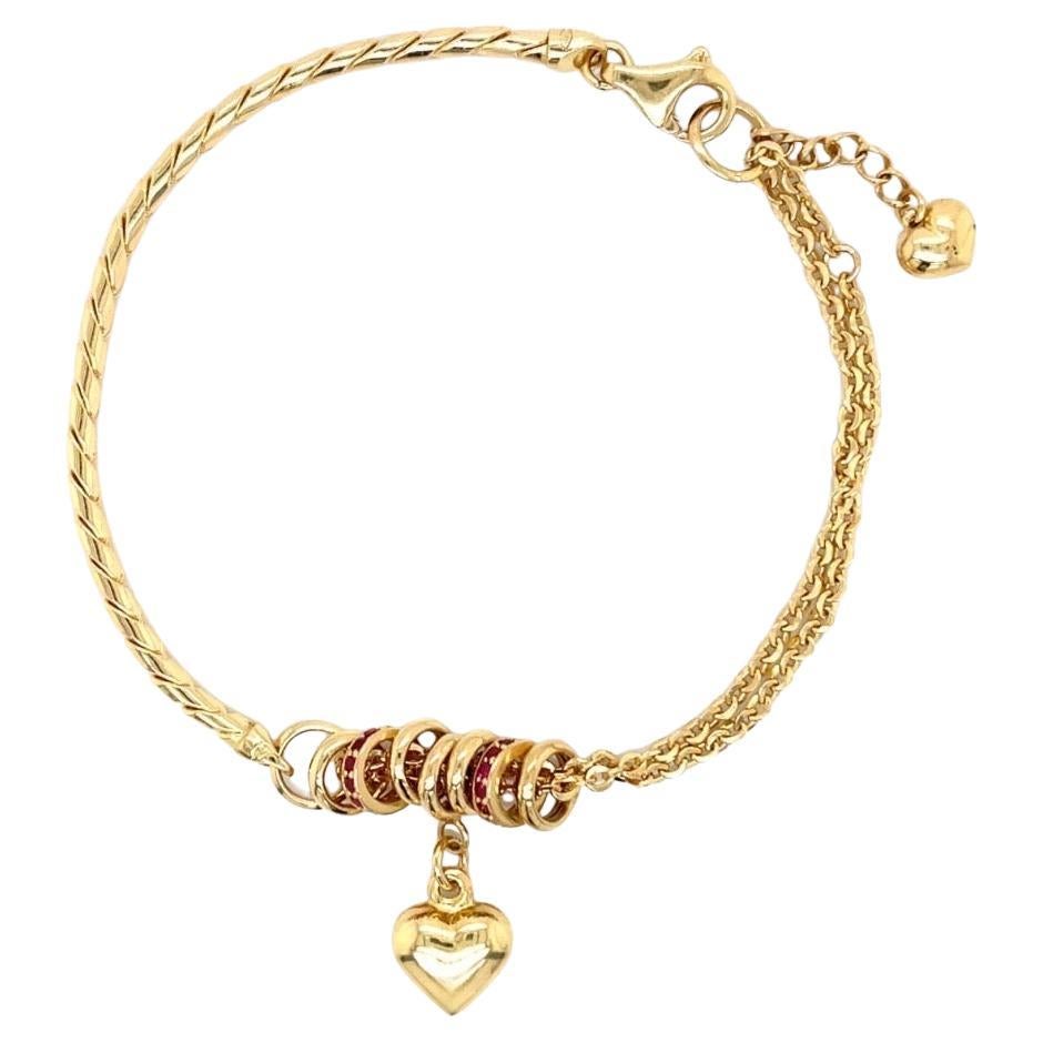 18K Yellow Gold Heart Charm Bracelet with Ruby Accents