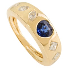 Anello con zaffiro blu naturale e diamante a cupola in oro giallo 18 carati Gioielli di pregio
