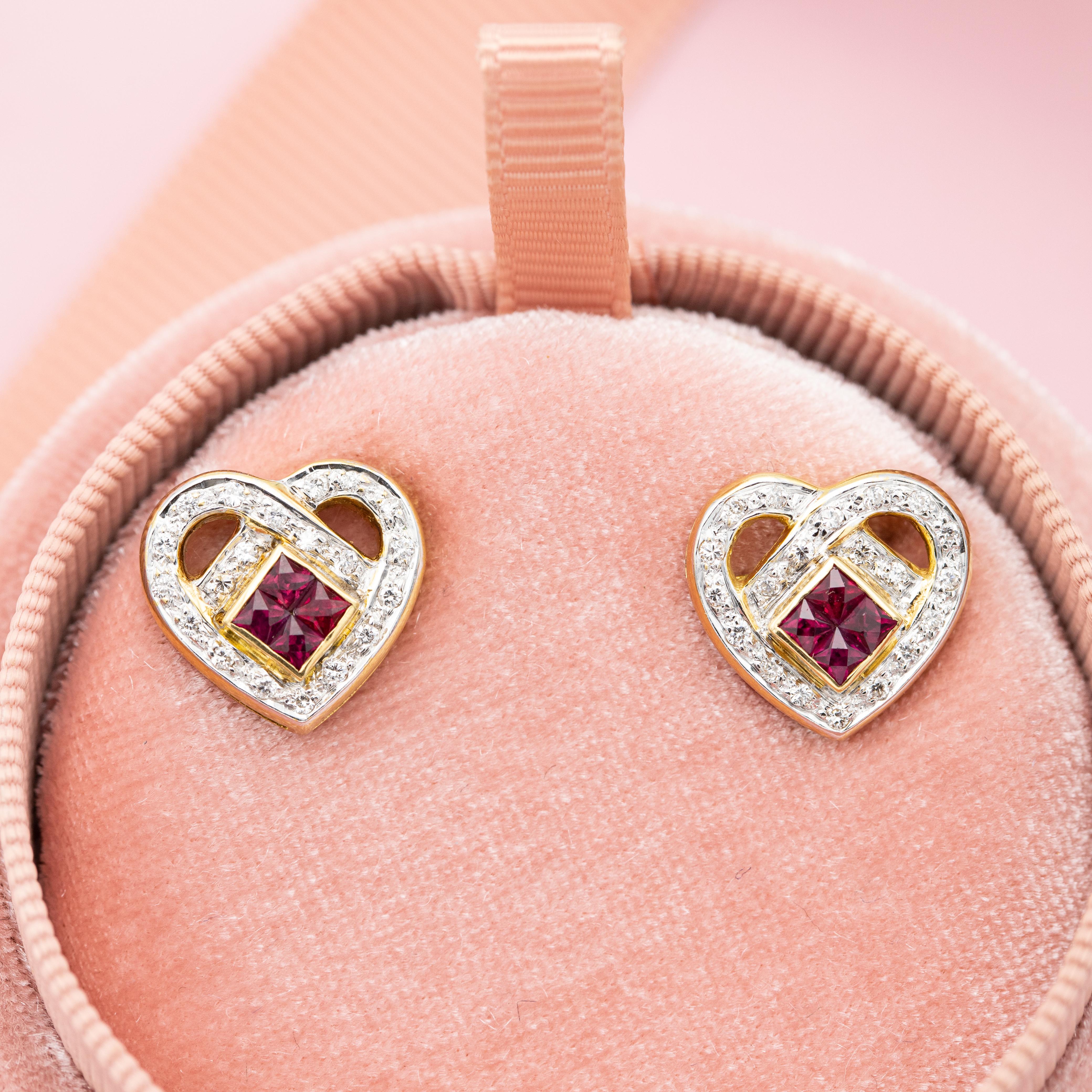 Modern 18K yellow gold heart earrings - estate ruby & diamond studs - Romantic gift  For Sale