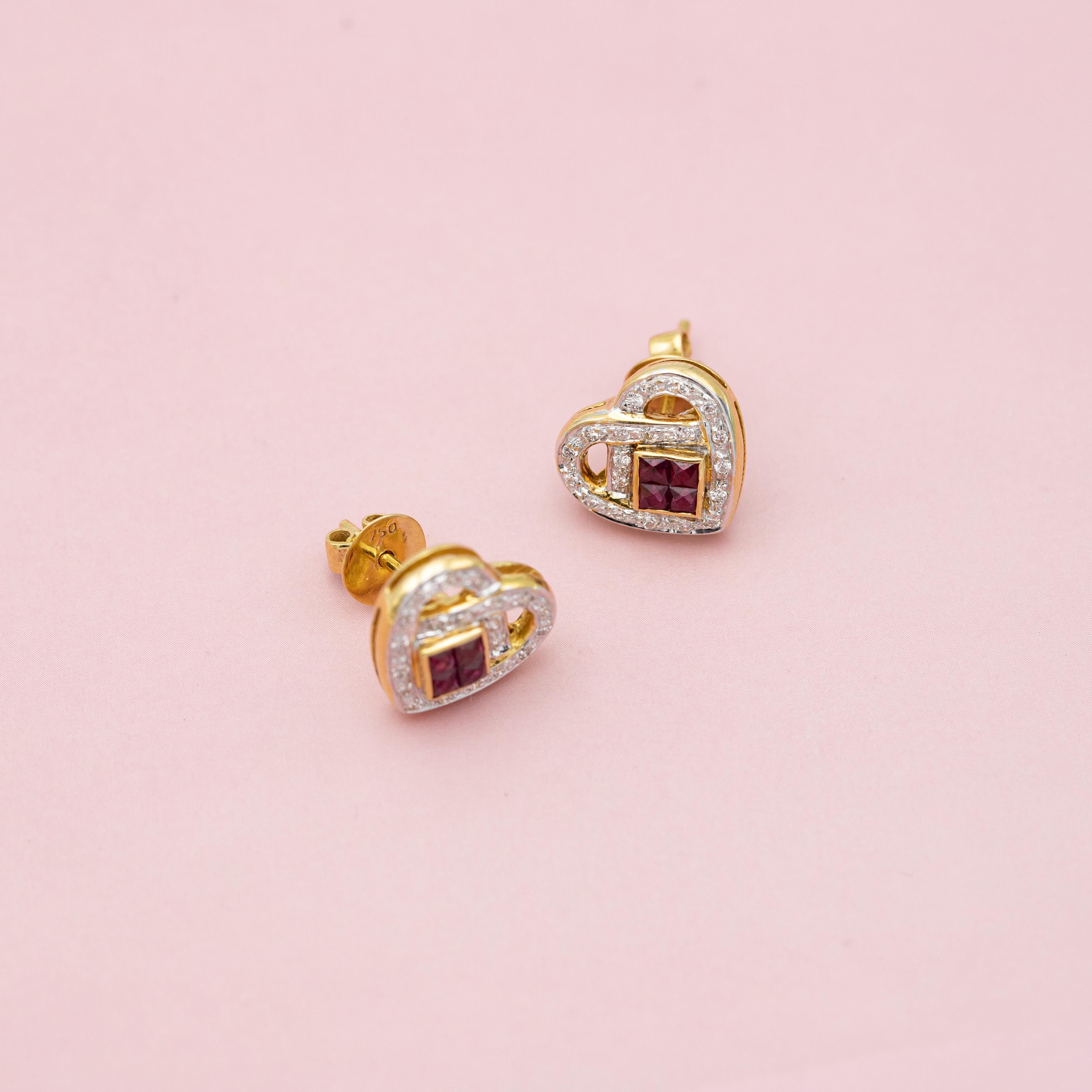 Brilliant Cut 18K yellow gold heart earrings - estate ruby & diamond studs - Romantic gift  For Sale