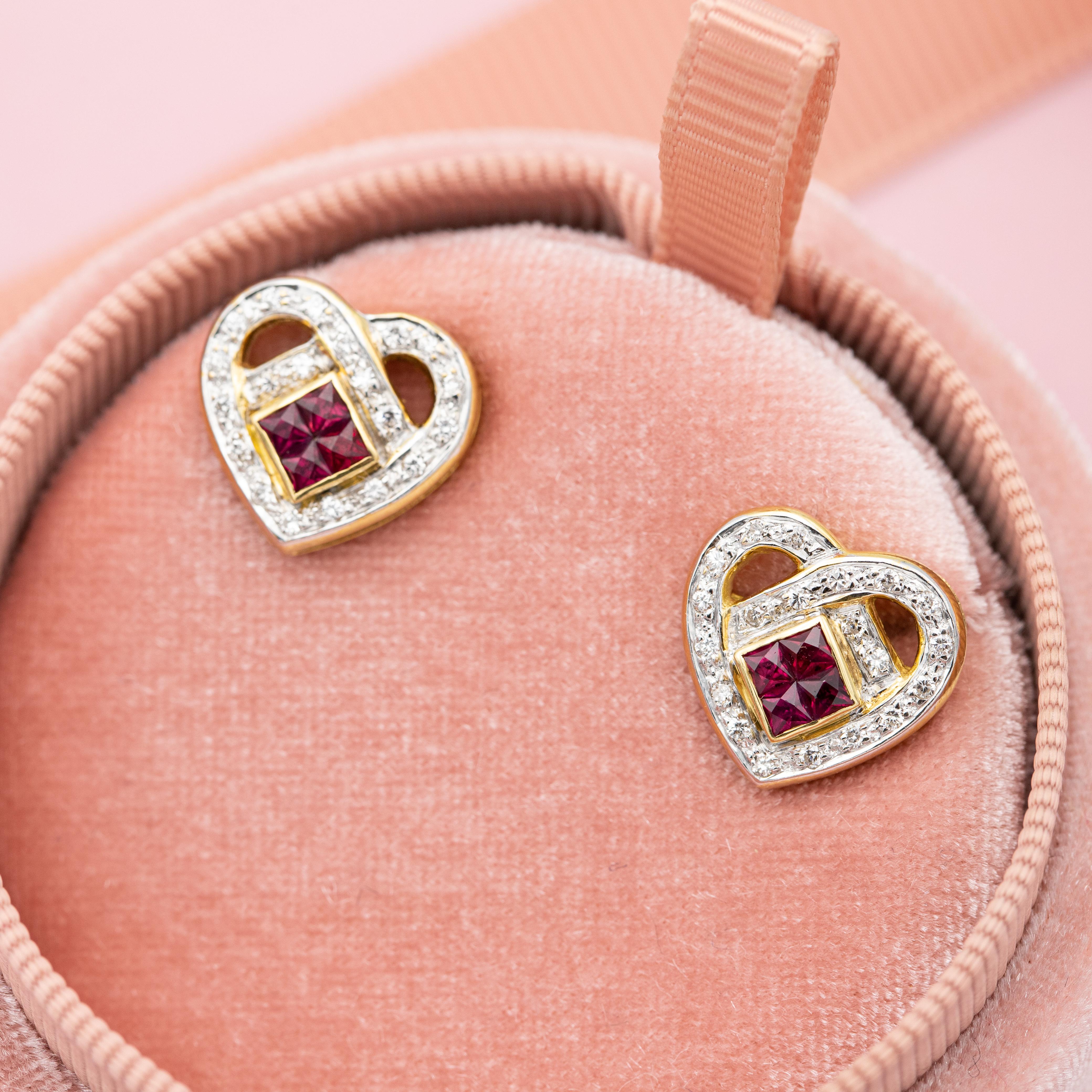 Women's or Men's 18K yellow gold heart earrings - estate ruby & diamond studs - Romantic gift  For Sale