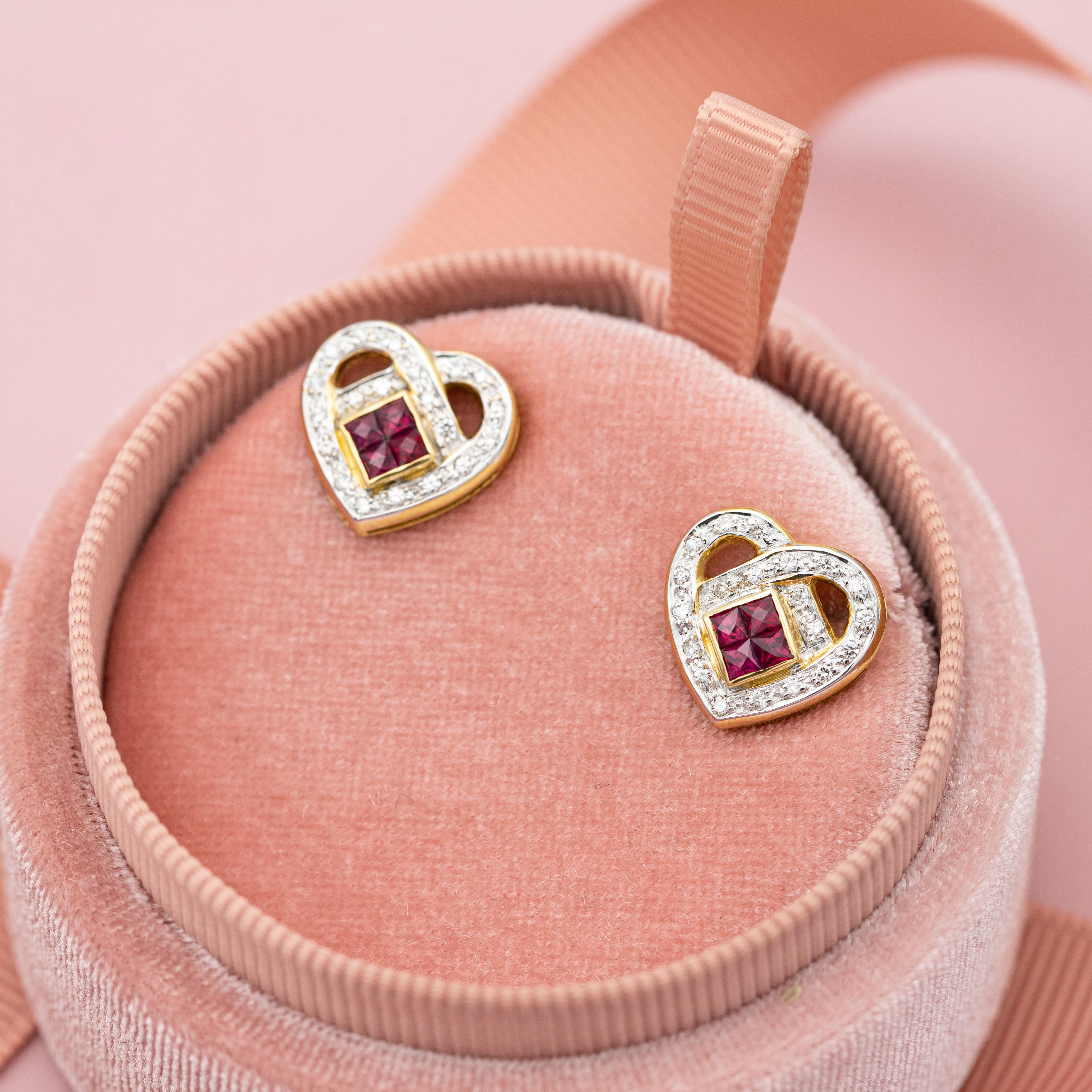 18K yellow gold heart earrings - estate ruby & diamond studs - Romantic gift  For Sale 1