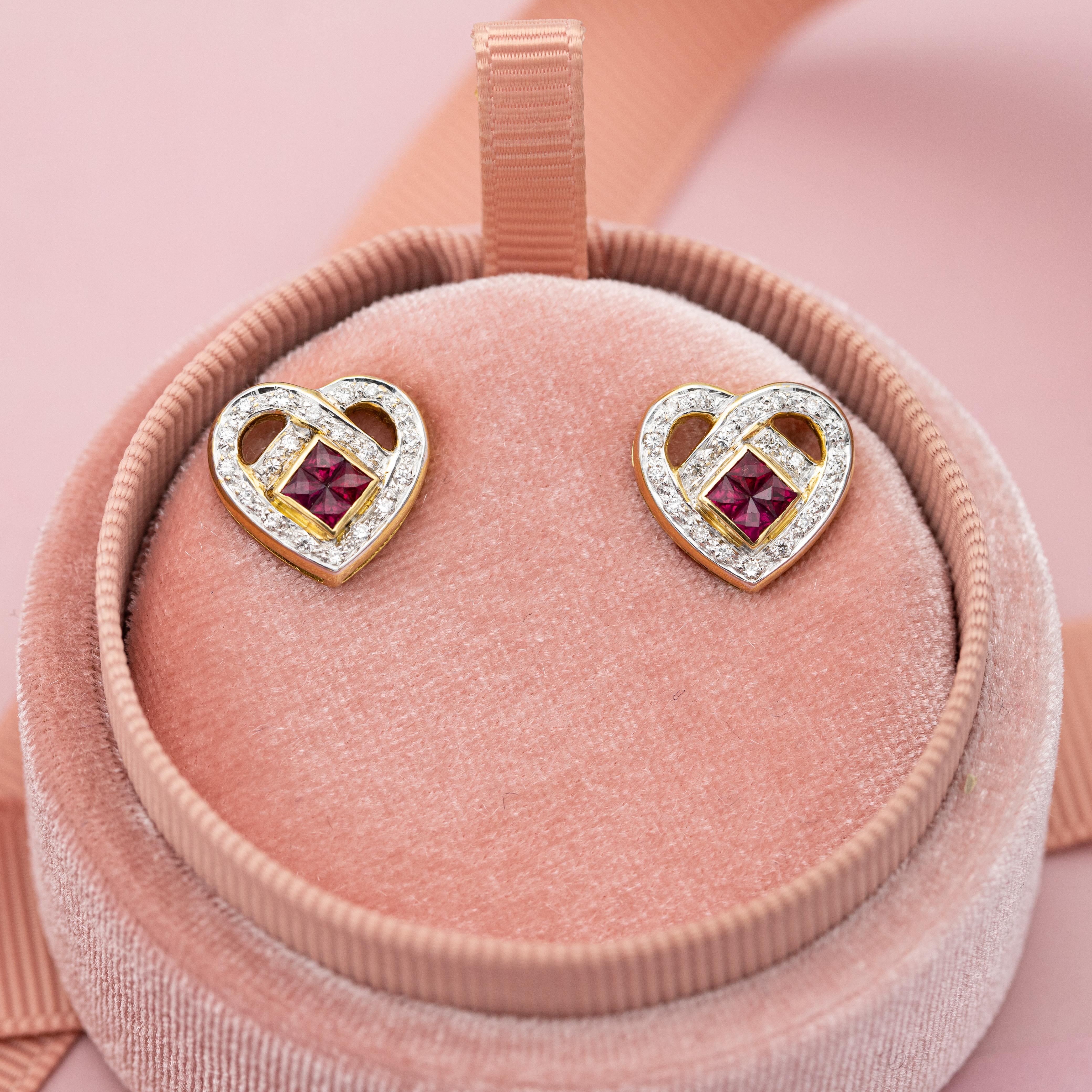 18K yellow gold heart earrings - estate ruby & diamond studs - Romantic gift  For Sale 2