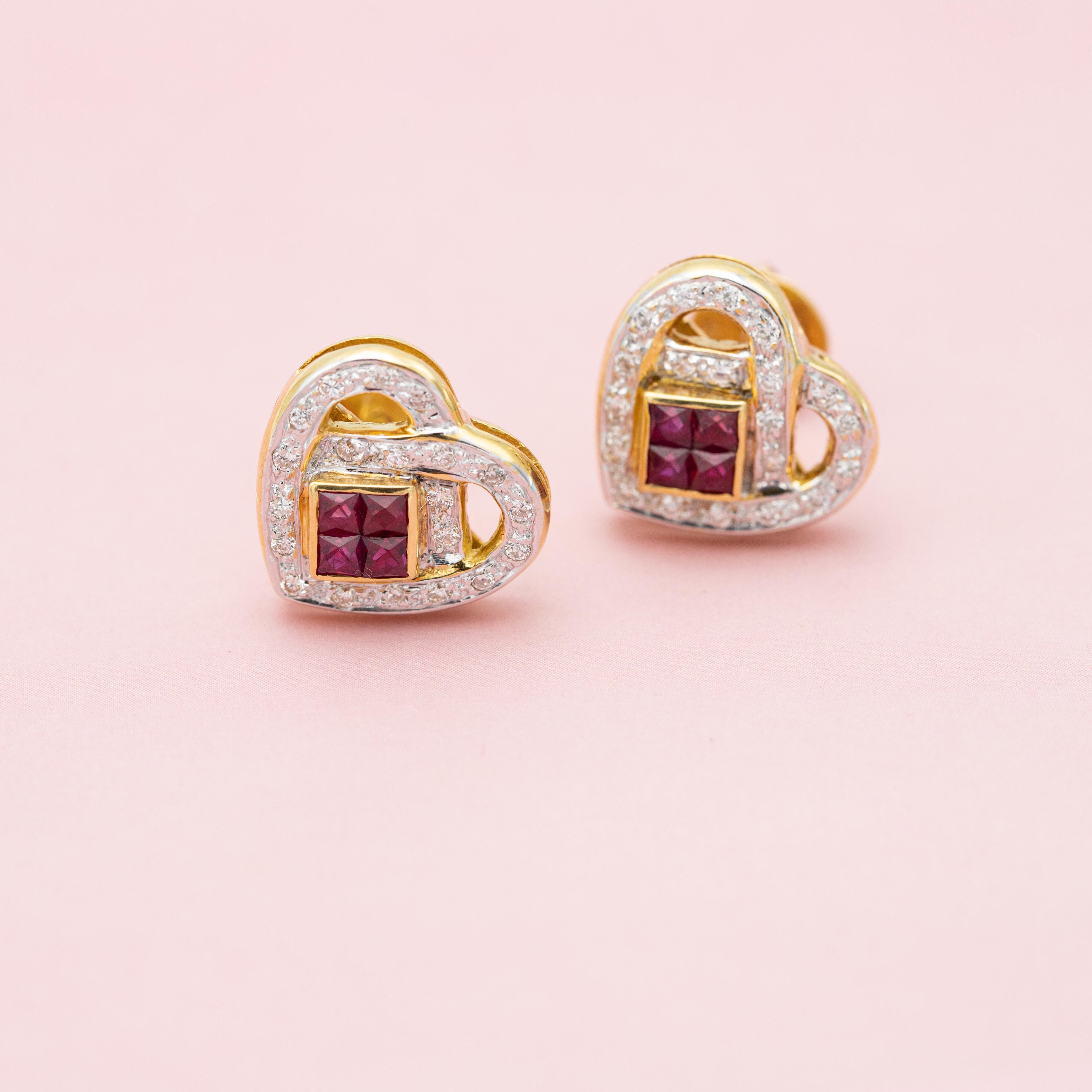 18K yellow gold heart earrings - estate ruby & diamond studs - Romantic gift  For Sale 3