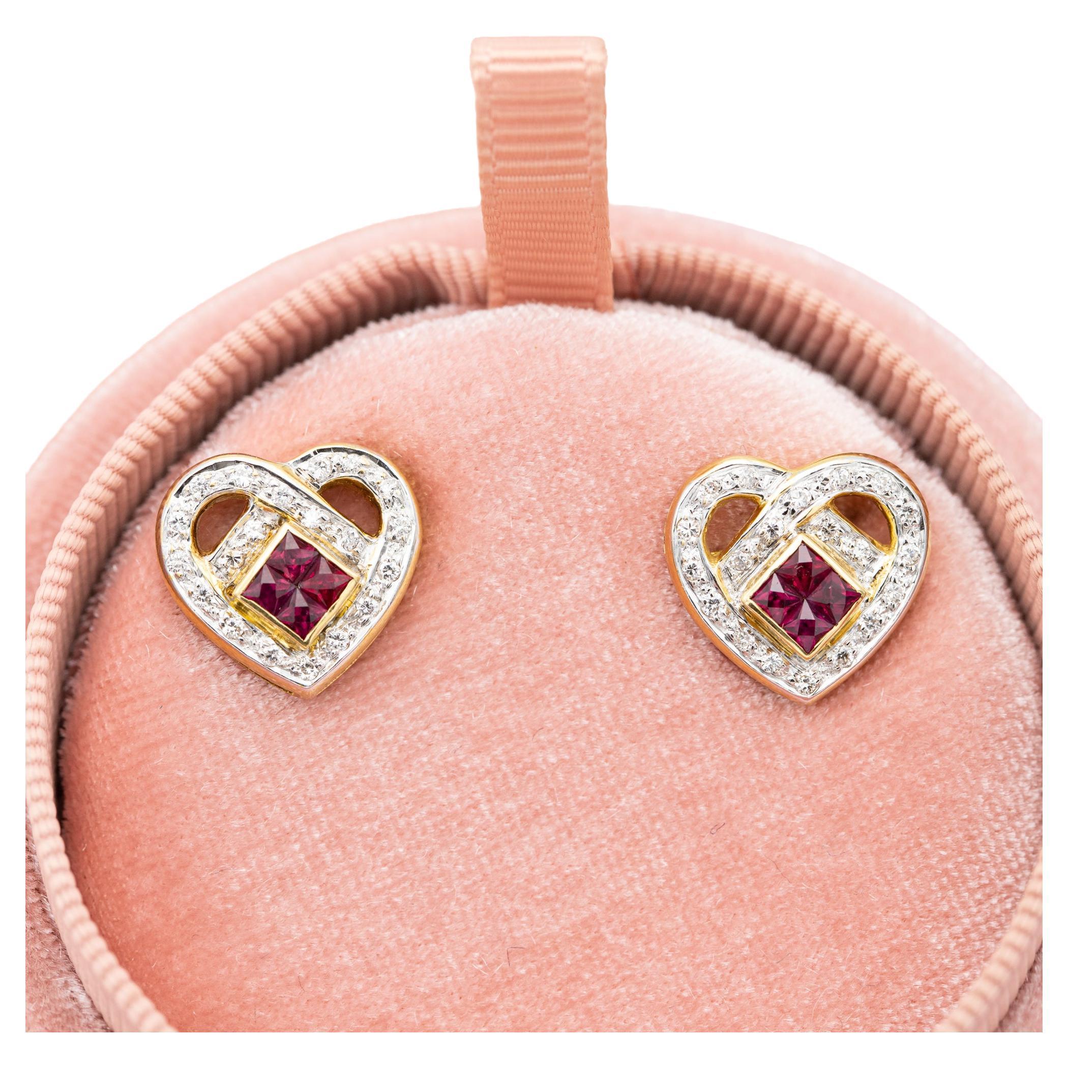 18K yellow gold heart earrings - estate ruby & diamond studs - Romantic gift  For Sale