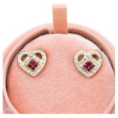 Vintage 18K yellow gold heart earrings - estate ruby & diamond studs - Romantic gift 
