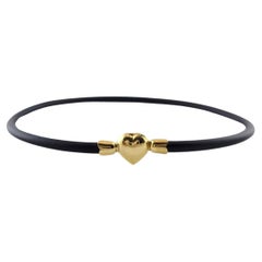 18K Yellow Gold Heart on Black Rubber Cord Bangle Bracelet #18203