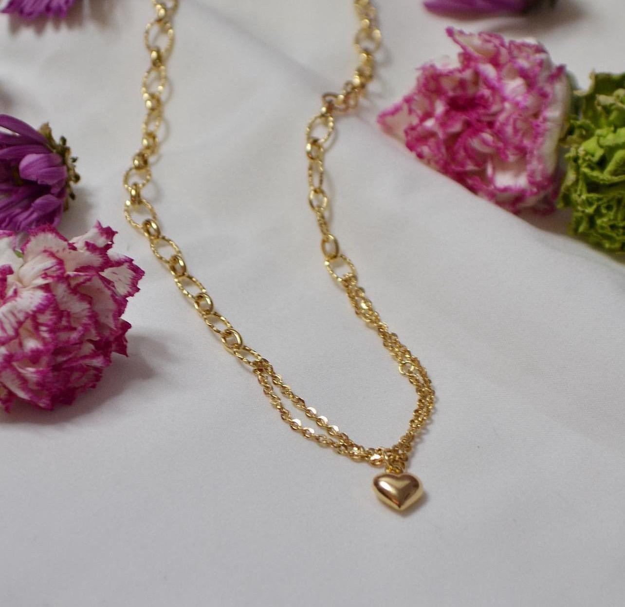 Modernist 18K Yellow Gold Heart Pendant Double Chain Necklace, Handcrafted in Brazil For Sale