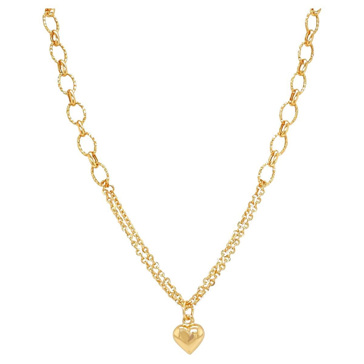 18K Yellow Gold Heart Pendant Double Chain Necklace, Handcrafted in Brazil