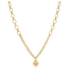 18K Yellow Gold Heart Pendant Double Chain Necklace, Handcrafted in Brazil