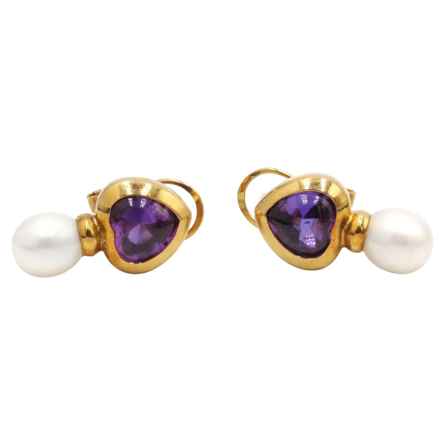 18K Yellow Gold Heart-Shape Amethyst and Cultured Pearl Drop Earrings