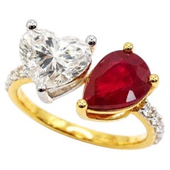 18K Yellow Gold Heart-Shaped Burmese Ruby & Diamond Toi et Moi Ring