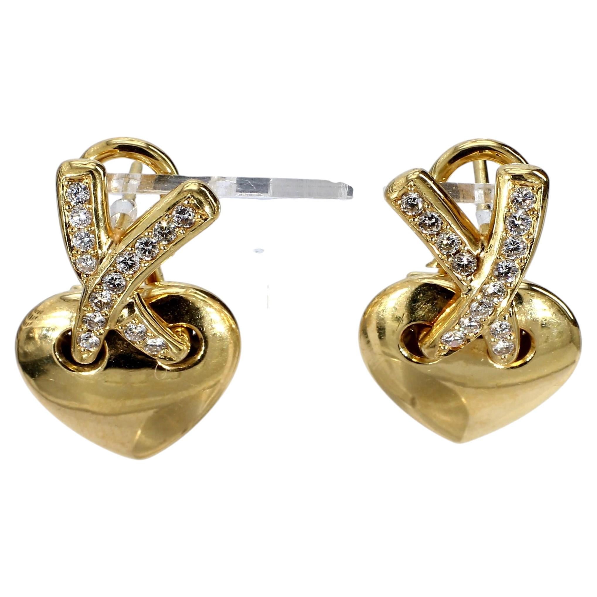 18k Yellow Gold Heart Shaped Earrings with Diamond Accents