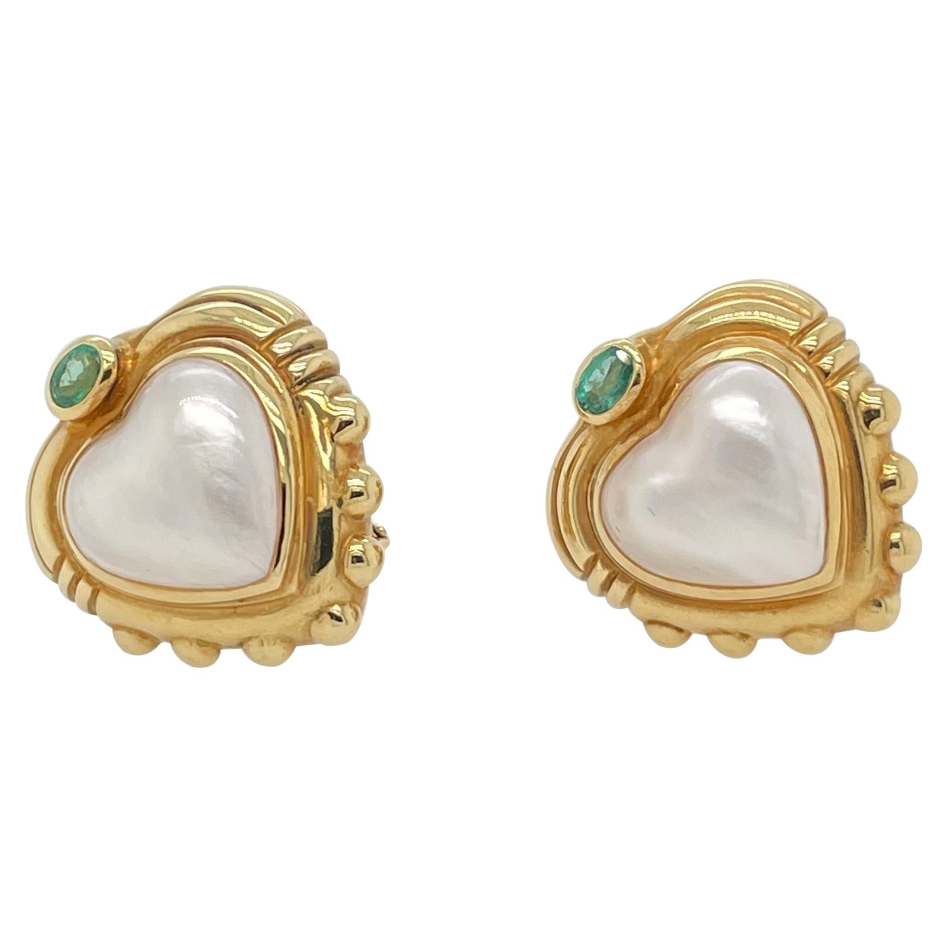 18k Yellow Gold Heart Shaped Mabe Pearl and Tourmaline Earring For Sale