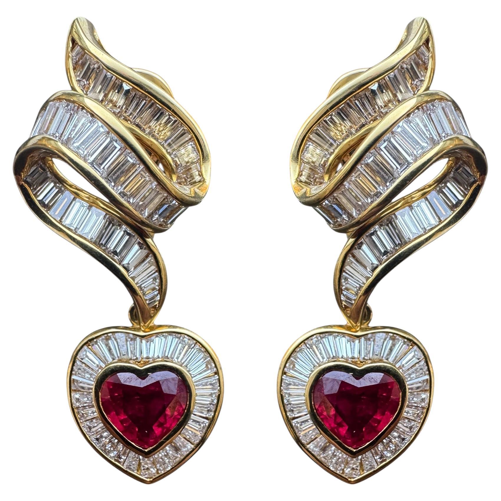 18K Yellow Gold Heart-Shaped Ruby and Baguette Diamond Swirl Earrings