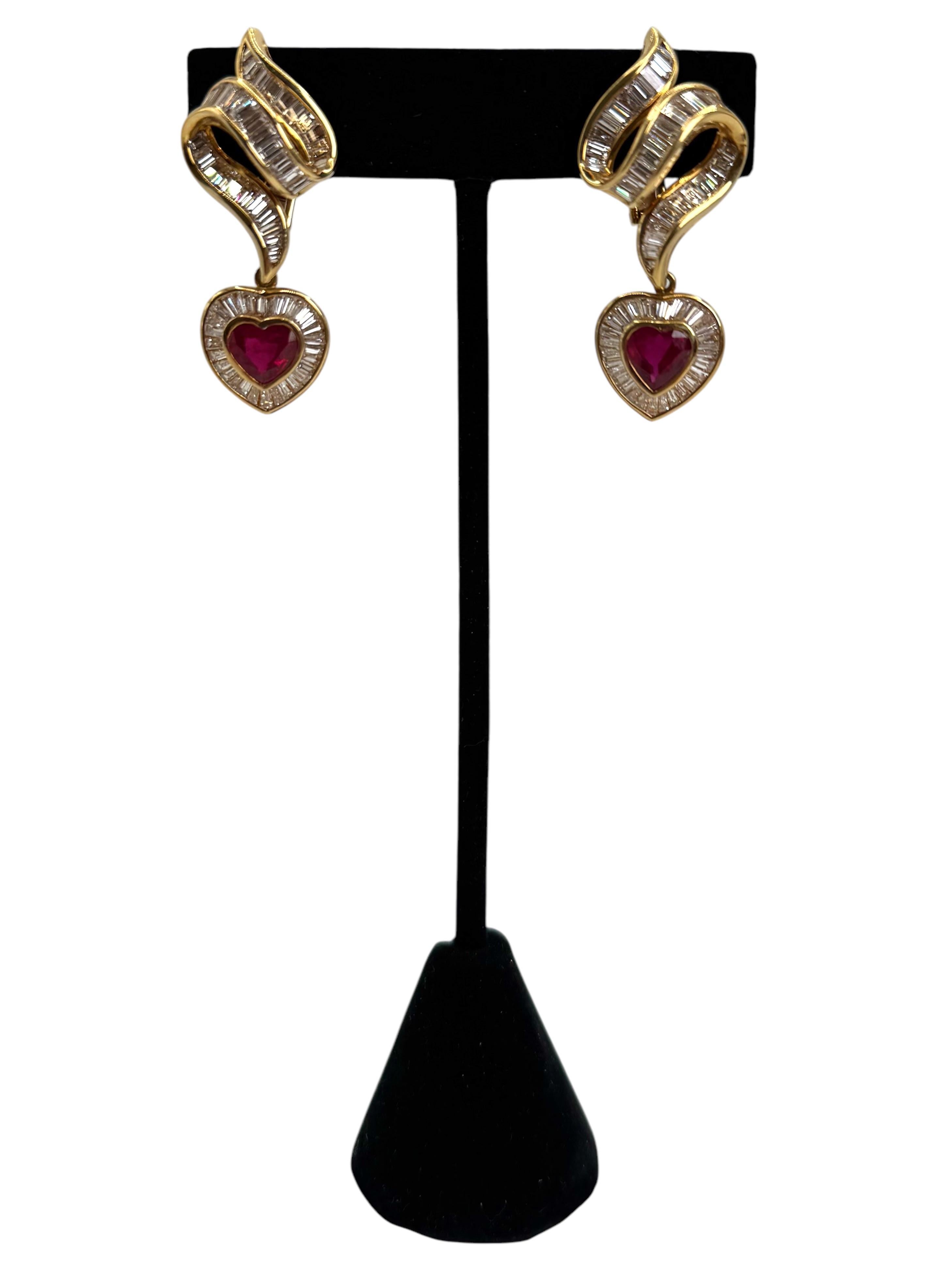 Heart Cut 18K Yellow Gold Heart-Shaped Ruby and Baguette Diamond Swirl Earrings For Sale